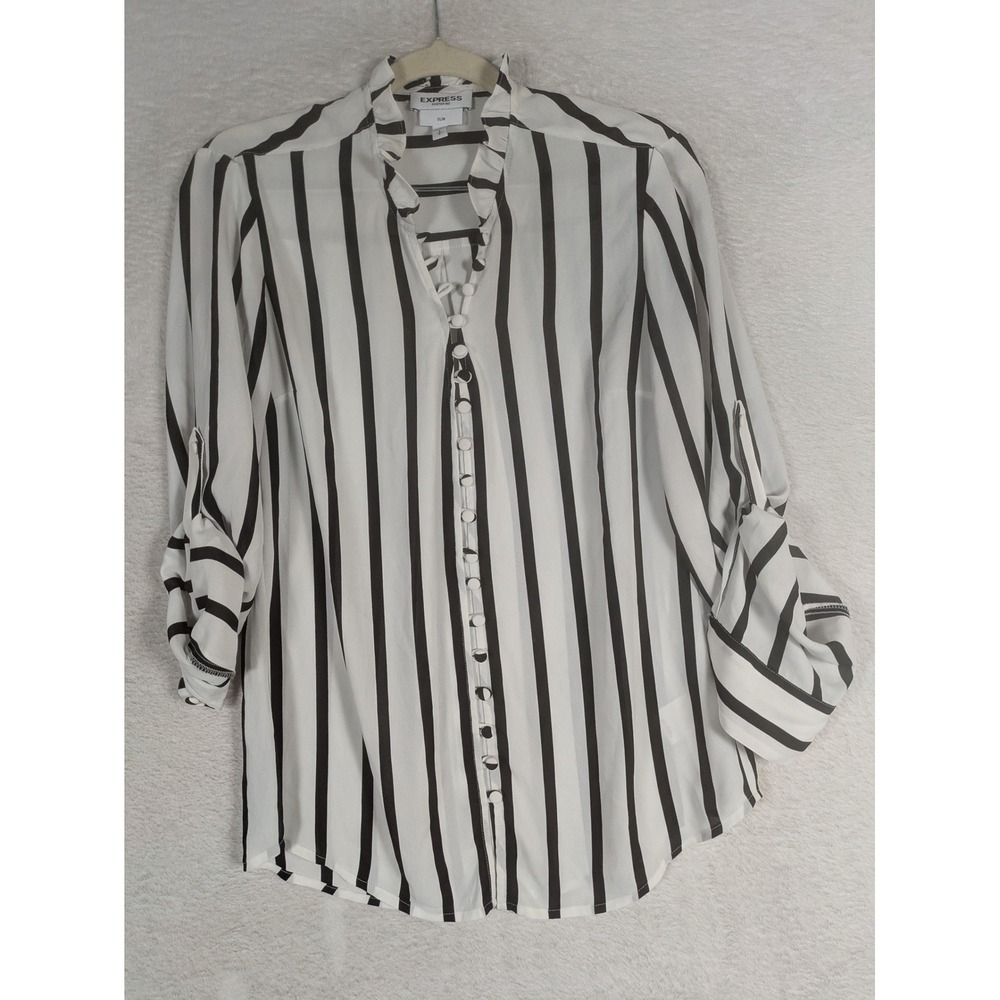 Express Portofino Blouse Women's Small White Black Striped Ruffle Slim Fit
